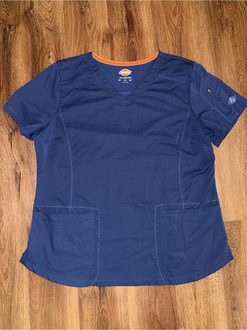 Dickies Navy Short Sleeve V-Neck Scrub Top with Orange Trim